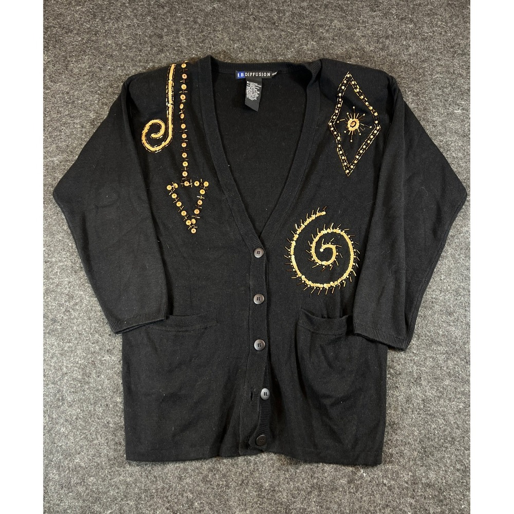 Vintage IB Diffusion Cardigan Womens Small Black Gold Beaded Celestial Sweater